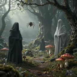 medieval folktale ghosts and spiders fairies and toadstools, surreal sparse spooky fun delightful