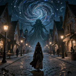 lady dressed in long hooded cloak walks in empty lovecraftian town square surrounded by houses and inns.  cthulhu statue. lovecraftian city at night by cyril rolando and naomi okubo and dan mumford and ricardo bofill. lovecraft. cobbled streets. oil lamp posts. lovecraftian. starry night swirly sky.