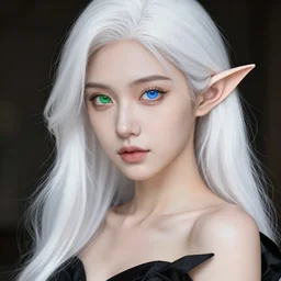 a beautiful image, sexy female fantasy elf. professionally retouched, soft lighting, wearing a black dress, hyper realistic, smooth face, perfect eyes one green the other blue, long beautiful white hair with black strands, perfect small pointed ears, wide angle, sharp focus on the eyes, 8 k high definition, insanely detailed, intricate, elegant, art by artgerm and wlop