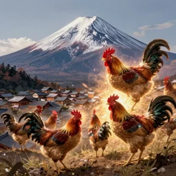 Samurai chickens attack a village on the foothill of mount Fuji