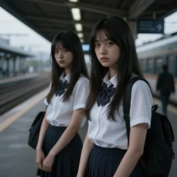 School girls waiting on a urban train station, gloomy and misterious atmosphere