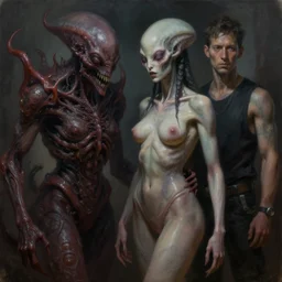 ultra realist muted colors horror painting of a dimly lit attractive alien female next to a hellish creature, very intricate details, focus, model pose, full frame image, artwork by tooth wu and wlop and beeple and greg rutkowski, award winning