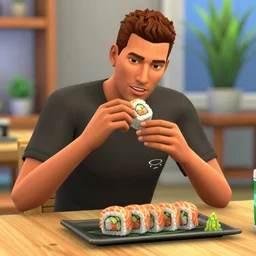 jeffrey dahmer eating salmon sushi rolls in the sims 4