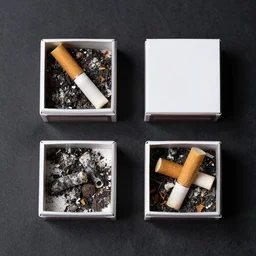 composition of four square boxes different cigarette butts and ash