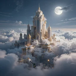 beautiful cloud city high in the sky, fluffy clouds, fantasy, epic landscape, cinematic, octane render, art station, dramatic lighting, beautiful moonlight night, concept art, rococo, photorealistic, intense detail, 8 k