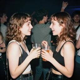realistic surrealism 2 friends partying at an alternative concert with drinks, crowd in the back