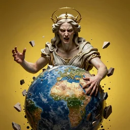 hyperrealist highly detailed neo-baroque portrait of god as an angry woman crushing the planet into pieces concept art pascal blanche very dramatic yellow lighting 8k wide angle shallow depth of field