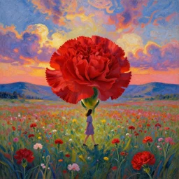 giant red carnation head, full body, girl walking in the middle of a field with flowers, surreal photography, hills, sunrise dramatic light, impressionist painting, colorful clouds, digital painting, pointillism, artstation, simon stalenhag