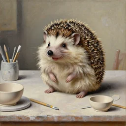 painting of a happy hedgehog on a table in a ceramic workshop, surrounded by ceramicists tools and unfinished bowls, oil painting, northern renaissance art, oil on canvas, wet - on - wet technique, realistic, intricate textures, illusionistic detail