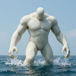 enormus humanoid coming out of the ocean. water hip deep, white rubbery skin