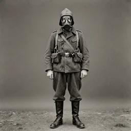 a man at distance wearing hooded beaked mask covering his entire face, full body portrait at distance, ww1 film photo, grainy, high detail, high resolution