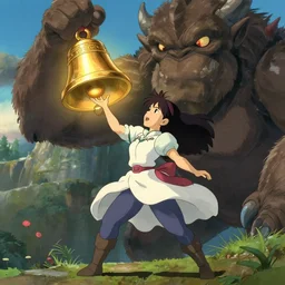 a beautiful female geomancer from final fantasy 3, attacking a large monster using a golden bell! amazing! in the style of studio ghibli and pixar