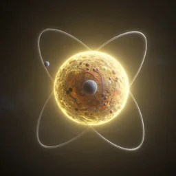 atom, orbits, orbitals, galaxy, stars, spherical, yellow outer glow, extremely detailed, 3 d, unreal engine, octane render, artstation