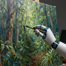 a robot hand painting a forest in a canvas, oil in canvas, unreal engine, high detailed, octane render