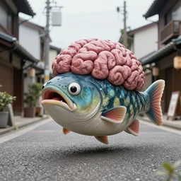 a monster fish with big brain walking 4 legged on the japanese local street