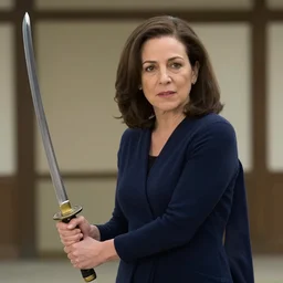 Movie still of Sheryl Sandberg holding a katana in The Doomsday Machine, directed by Quentin Tarantino