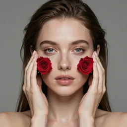 meredit frampton style hight focus of a wonderful realistic sweet wonderful symmetrical portrait of a lady with a clear skin made of roses, one flash on sx, one flash dx, cinematic, artstation, octane render 8 k s 1
