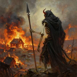 a highly detailed cloaked skeleton demon holding a spear watching a house on fire, firestorm, wide perspective, low perspective, burning village, highly detailed digital art, cinematic, hyper realism, oil on canvas, trending on Artstation, octane render