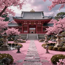 pink Japanese garden with a temple in the middle, volumetric lighting, photorealistic, hyperdetailed, hyperrealism, hyperrealistic, cinematic