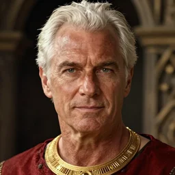 portrait of a male, middle - age, white short hair, tanned, beautiful, golden necklace, red tunic, close - up, stunning, detailled, by luis royo, by pixar, by myazaki, game of thrones, gothic, final fantasy, fantasy, medieval