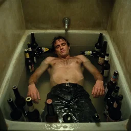 the top shot of the old bathroom where old drunkard ( ( joaquin phoenix ) ) lying in many empty beer bottles in the water, still shot from the movie of stanley kubrick with cinematography of christopher doyle, dark old room, anamorphic, kodak film, sharp focus, realistic, 8 k