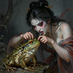 scary godlike fairy killing a frog violently , petite , upper body , epic , traditional makeup , gorgeous features , Post-processing , low angle , Greg rutkowski legendary matte painting , masterpiece