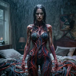 rgb, woman, rain!!!!, cinematic, movie scene, inspired by zdzislaw beksinski, clothes made out of veins,, cables everywhere, bedroom, ultra realistic, concept art, intricate details, highly detailed, photorealistic, octane render, 8 k