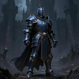 Grimdark Paladin, justice, navy blue armor, darkness, shadowy castle background, heroic pose, dnd, d&d, Steampunk!, trending on artstation, artstationHD, artstationHQ, matte painting, chiaroscuro