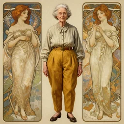 old woman english teacher, with mustard pants with high waist, thrift, intricate, elegant, highly detailed, digital painting, artstation, concept art, smooth, sharp focus, illustration, art by krenz cushart and artem demura and alphonse mucha and tony sandoval