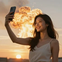 a supermodel taking a selfie with a massive explosion, sunset, golden hour