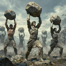 stone giants throwing boulders in the forbidden mountains. greg rutkowski, andreas achenbach, artgerm, mikko lagerstedt, zack snyder, tokujin yoshioka