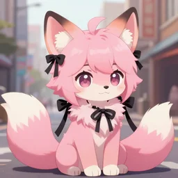 a cute anthropomorphic pink fox fursona with wild hair and a fluffy tail, anthro wearing black ribbons, city streets background