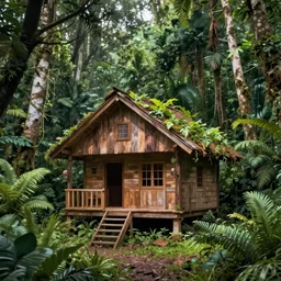 a small wood house in the dense rainforest, highly detailed, digital painting, artstation, concept art, smooth, sharp focus, illustration, art by artgerm and greg rutkowski and alphonse mucha