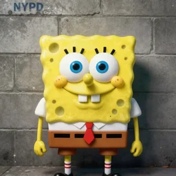 prison mugshot of anthropomorphized real - life spongebob squarepants, bright flash, vibrant colors, yellow porous skin, cement brick wall background, soft vignette, grim expression, realistic, low saturation, nypd, portrait photograph