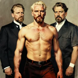 lgbt art, tom of finland style, vladimir lenin, with stalin, in billy herrington body, art in 4 k, high quality