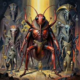 insectoid gog upon egypt, overdetailed, hypermaximalist, complementary colors, polished, visionary fineart, glenn brown, tsutomu nihei, hans ruedi giger, zdzisław beksinski