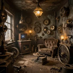 steampunk hoarders room, extremely dirty