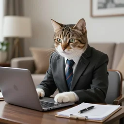 cat in a suit doing business, detailed living room, detailed laptop, very detailed, 8k Resolution, Studio Quality lighting, trending on artstation