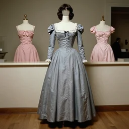 the film still photographed image is of a grey, blue, and pink reception gown ensemble from the 1 9 7 0 s. the gown is inspired by edgar allan poe, and is featured in a museum exhibit.