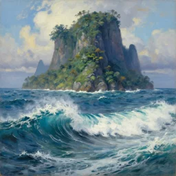 ocean waves, a massive mystic tropical island in the background, artstation, oil painting, painted ruan jia raymond swanland lawrence alma tadema zdzislaw beksinski norman rockwell tom lovell alex malveda greg staples