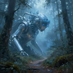 futuristic machinery sleek shiny blue misty unclear neon curly hair untouched wild nature painting forest trail