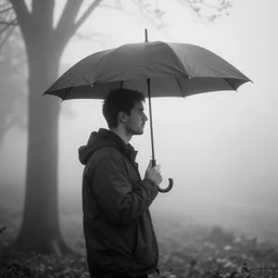black and white double exposure picture of a man holding an umbrella close to a tree, fog, everything completly out of focus, backlight, realistic abstract picture, mist, mysterious