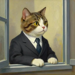 a painting of an anthropomorphized cat in a business suit, looking out a window, thomas kinkade, goya, munch,