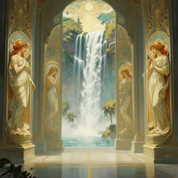 backdrop of a high tech religious room with distant waterfalls and art deco statues, intricate digital painting artstation concept art smooth sharp focus illustration, art by artgerm and paul chadeisson and greg rutkowski and alphonse mucha