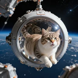 an amazing award winning photo of a cat floating in the International Space Centre, hyperdetailed