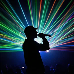 rapper rapping, epic angle, profile view, silhouetted, distinct, psychedelic hip-hop, laser light show, beams of light
