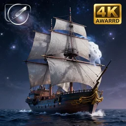 a ghost ship with galaxies in the sky ,highly detailed, 4k, HDR, award-winning, artstation, octane render