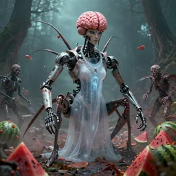 by artgerm and agostino arrivabene, visually stunning, cinematic, ultra realistic, hyper realism, 1 2 k, epic, octane render, unreal engine, vfx, maya, robot with no brains, ghostly bride necklace, cyborg insectoid creature, brain box, zombie apocalypse, rogue robot, call the prime land from the yeast, virus - laden watermelon