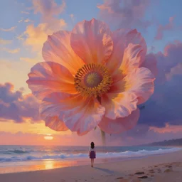 giant flower head, girl walking on a beach, surreal photography, sunrise, dramatic light, impressionist painting, colorful clouds, digital painting, artstation, simon stalenhag