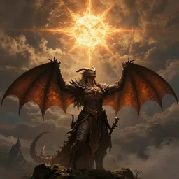 druid from dungeon and dragons starring at the sky, with arms up, praying at the sun, matte painting, fantasy art
